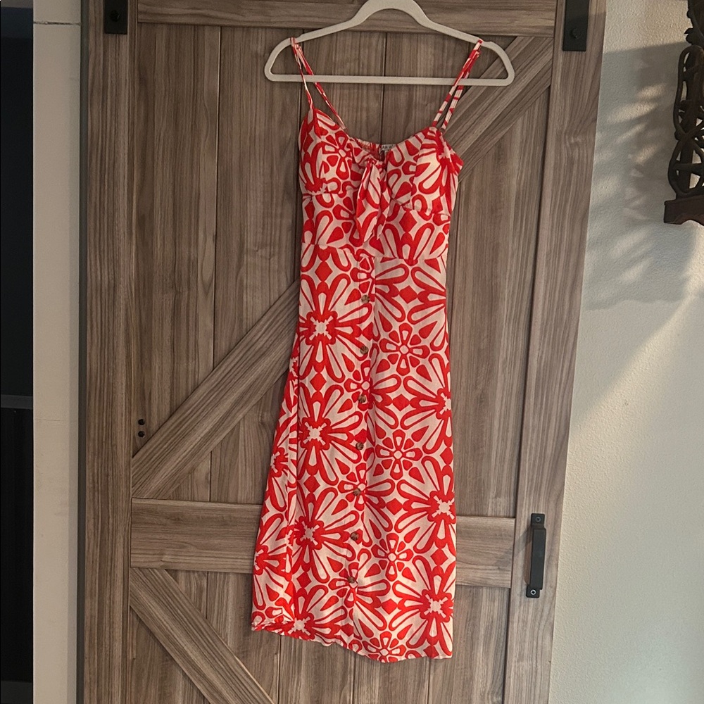 NWOT AUW Red/Coral and Cream Floral Midi Dress Women’s Size Small